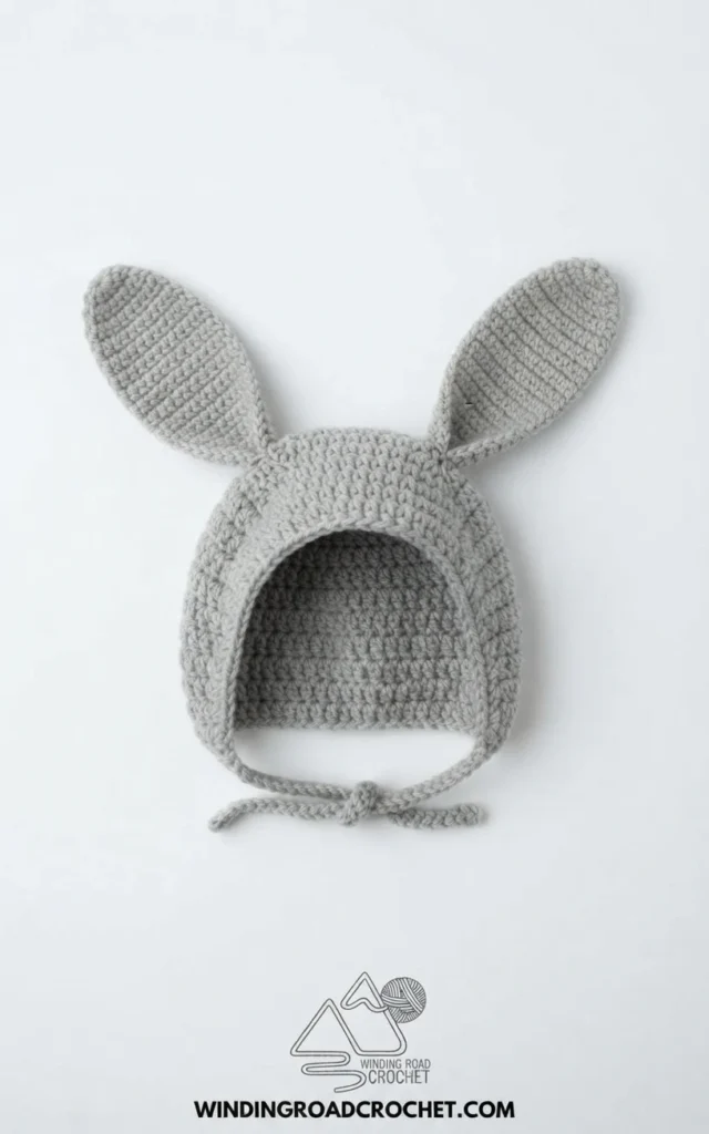 Grey crochet bunny bonnet with upright ears and knotted chin ties on a white background