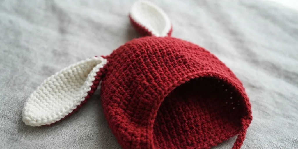 Red crochet bunny bonnet with white inner ears lying flat on light gray fabric
