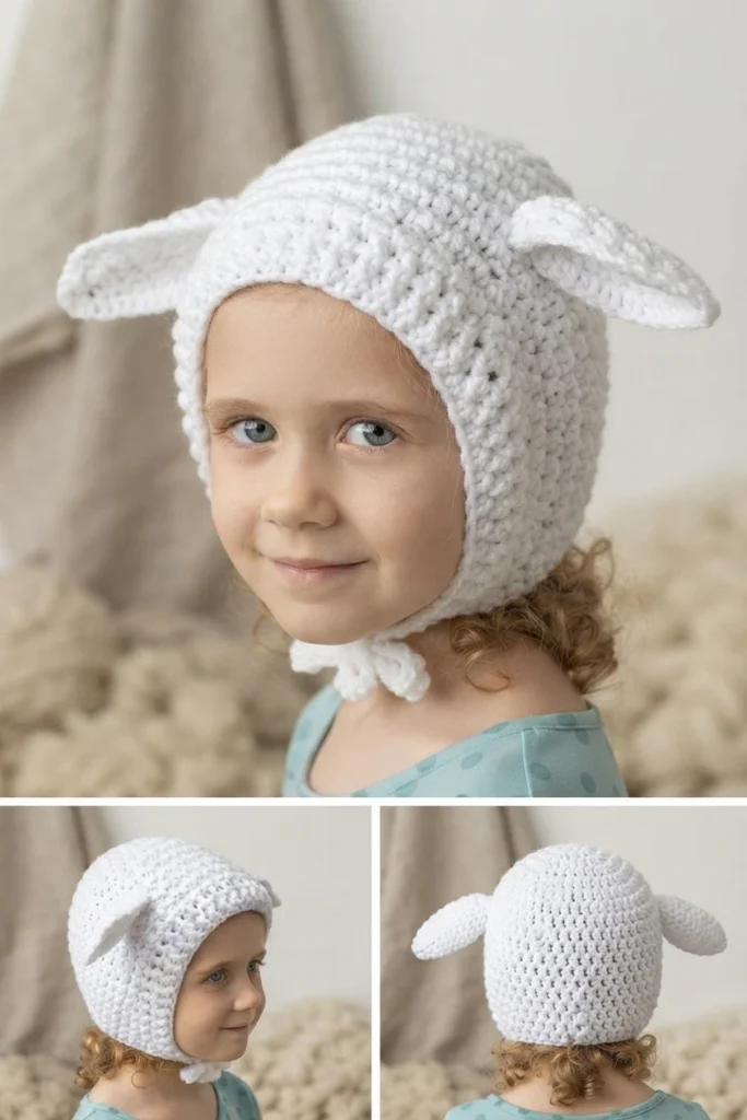 Young child wearing a white crochet lamb bonnet with short ears tied under the chin, shown from the front, side and back