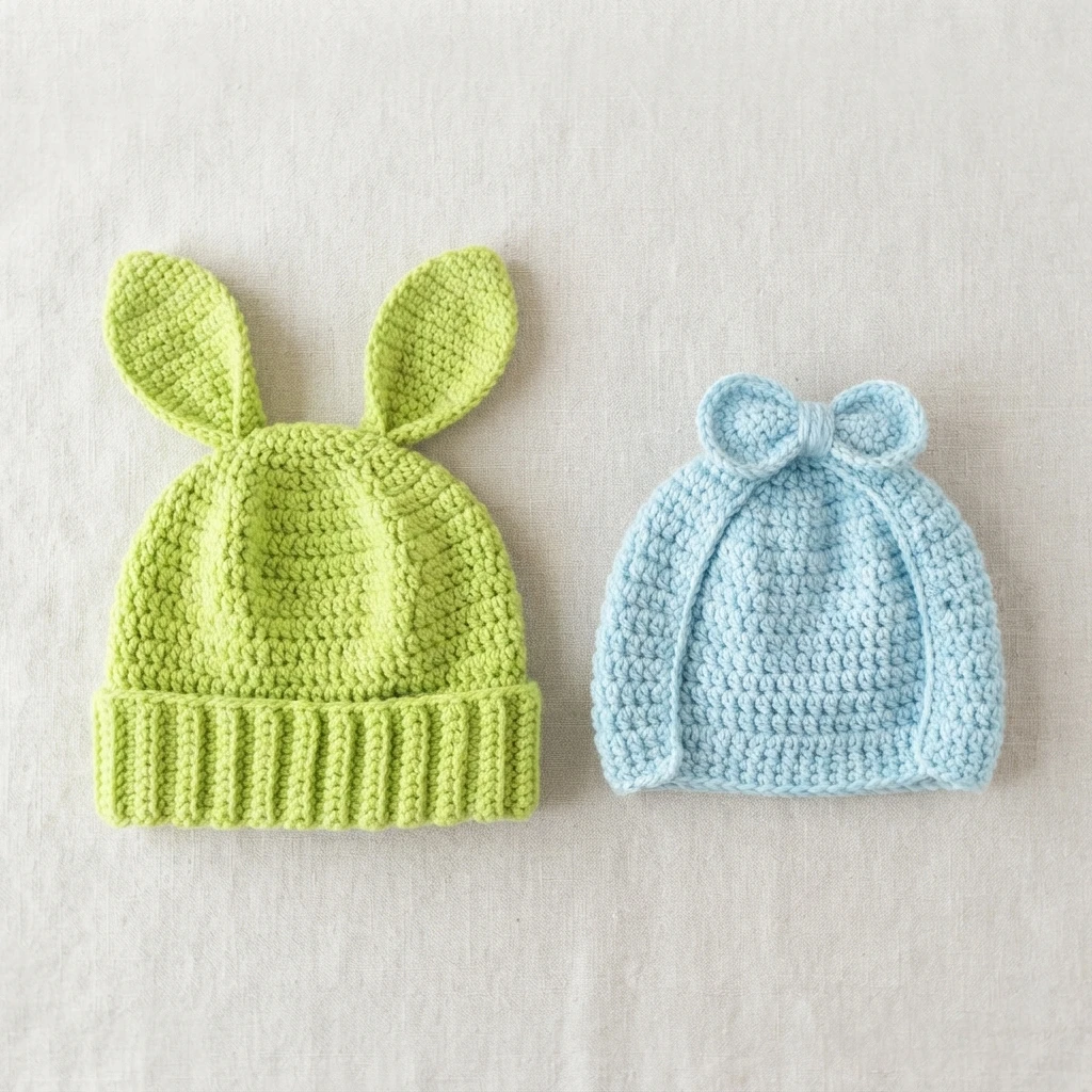 Two crochet baby hats laid flat on a light fabric background, a green hat with upright bunny ears and a light blue hat with a bow