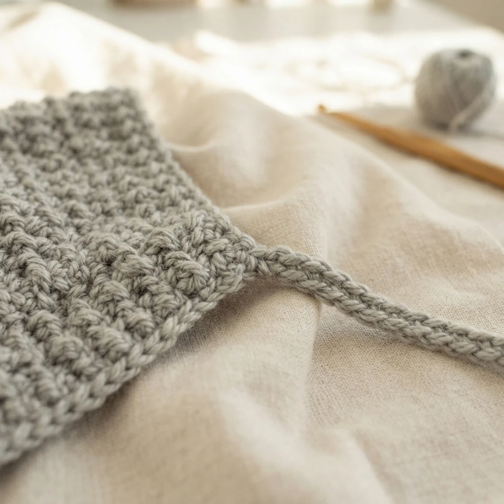 Close-up of a grey crochet bonnet corner with a braided tie extending across beige fabric, yarn ball and crochet hook in the background