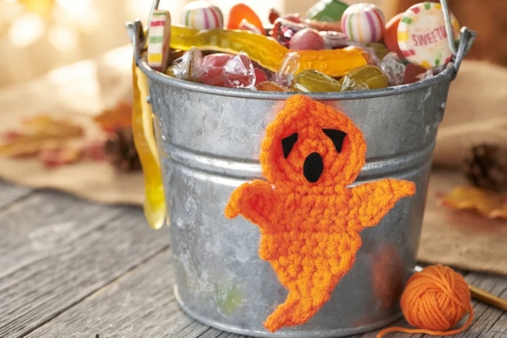 An orange crocheted ghost with black facial features hangs on a metal bucket filled with sweets; a ball of orange yarn and a crochet hook sit nearby.