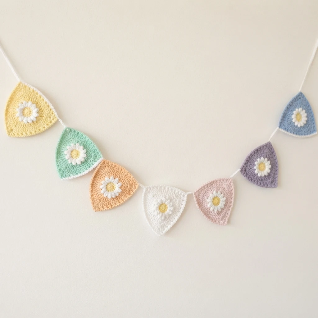 Crochet bunting with pastel triangle flags, each with a white daisy motif, hanging in a curve on a plain wall