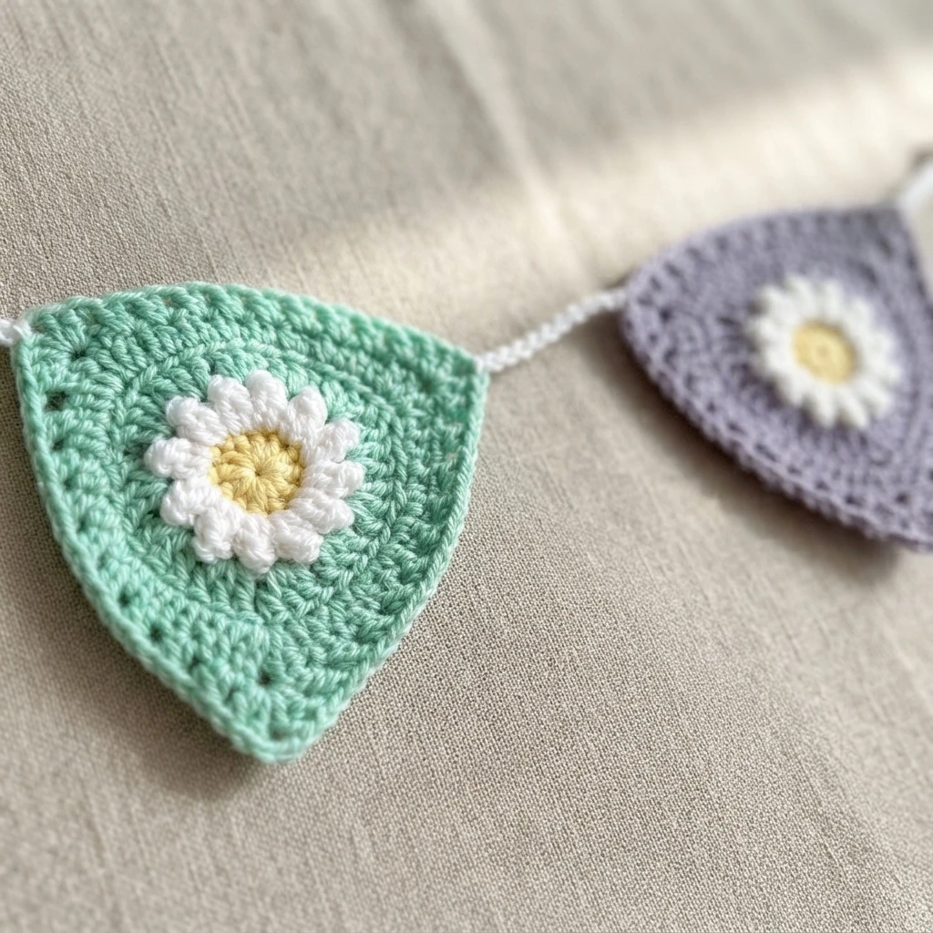 Close-up of two pastel crochet bunting triangles with white daisy centers on beige linen