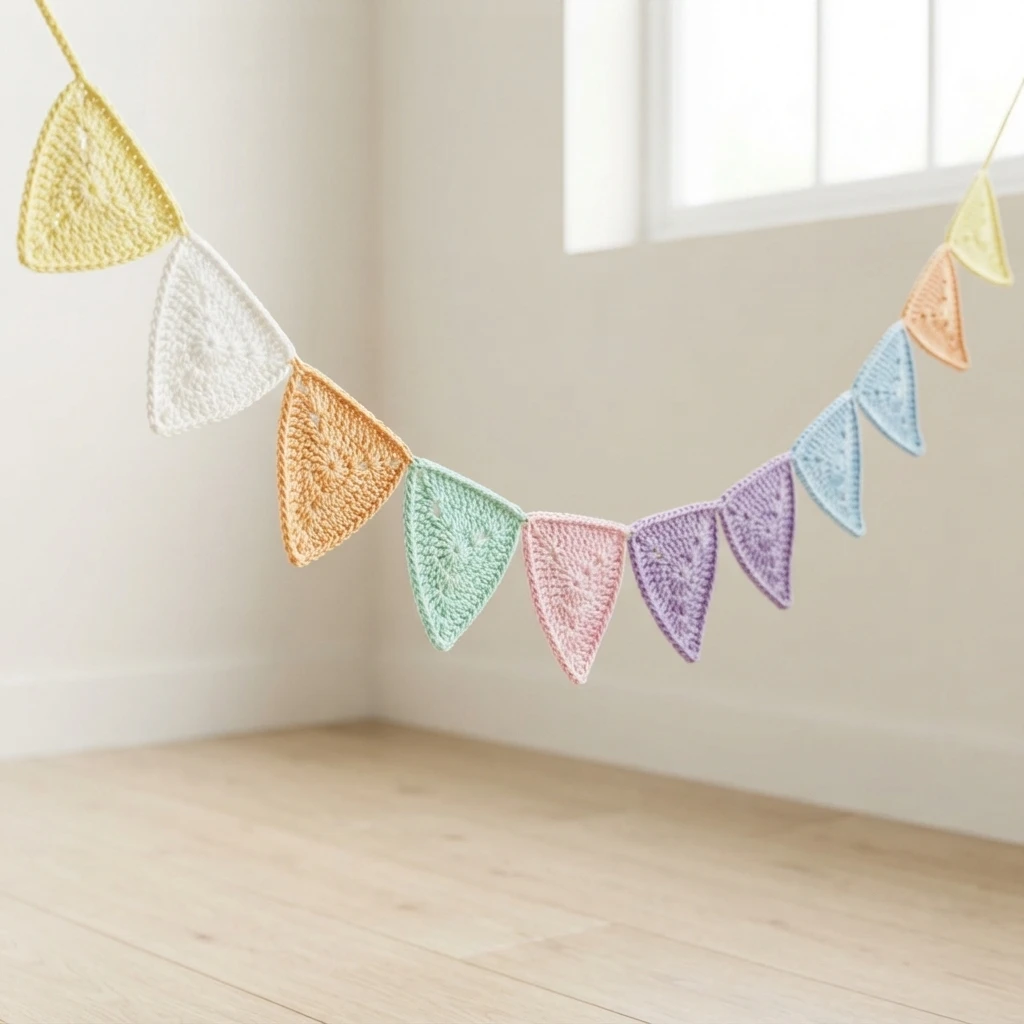 Pastel crochet triangle bunting garland in yellow, white, orange, mint, pink, purple and light blue, strung in a curve and hanging in a bright room near a window