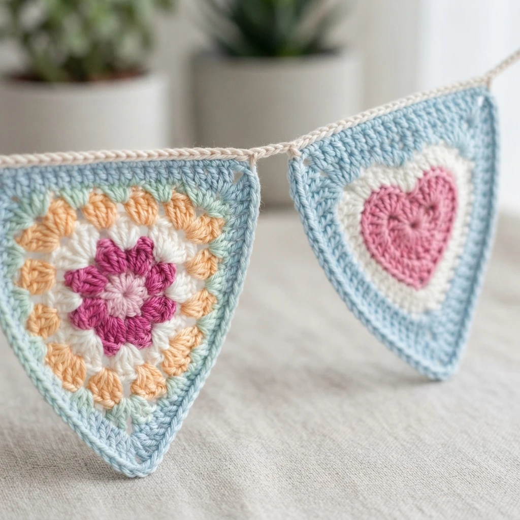 Close up of two crochet bunting triangles hanging from a cord, one with a multicolored floral motif and one with a pink heart, both edged in light blue