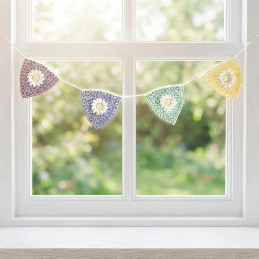 Four pastel crochet triangle bunting flags with white daisy centers hanging on a string in front of a bright window