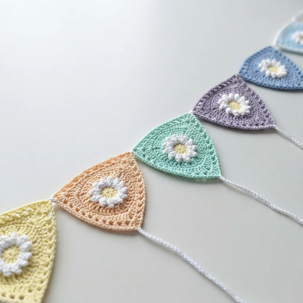 Crochet bunting garland with pastel triangular flags with white daisy centers joined by a white cord on a white background