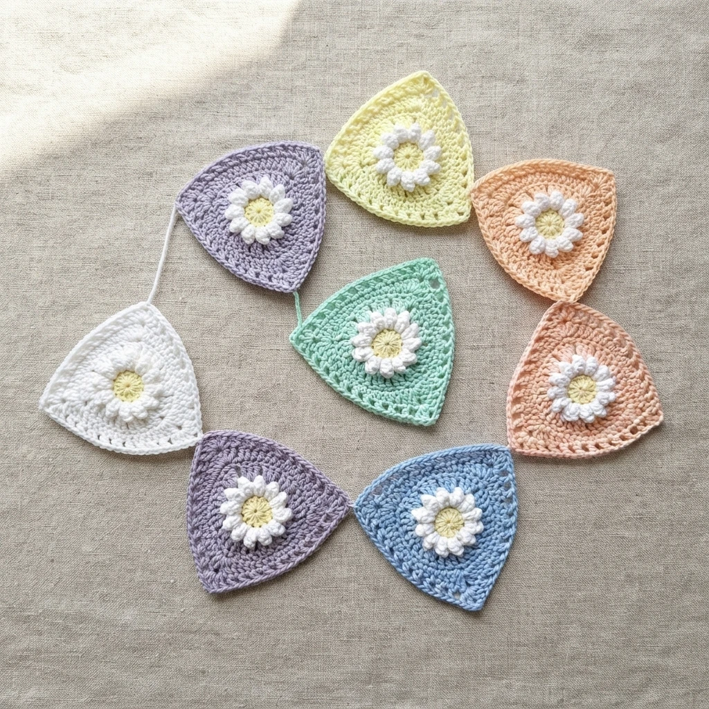 Pastel crochet triangle motifs with white daisy centers arranged in a circle on beige fabric