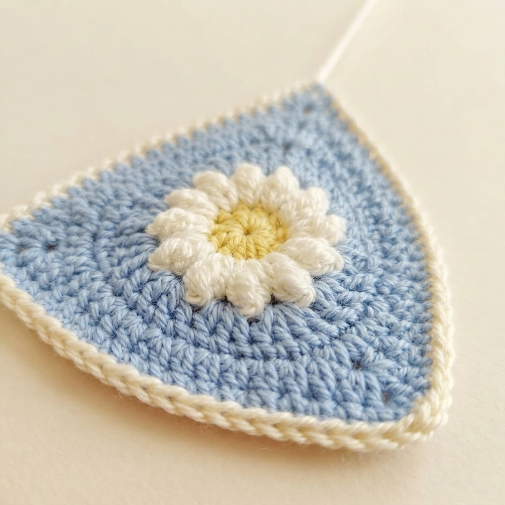 Close-up of a single pastel blue crocheted bunting triangle with a white and yellow daisy motif in the center, edged in white, part of the Elloth Bunting garland