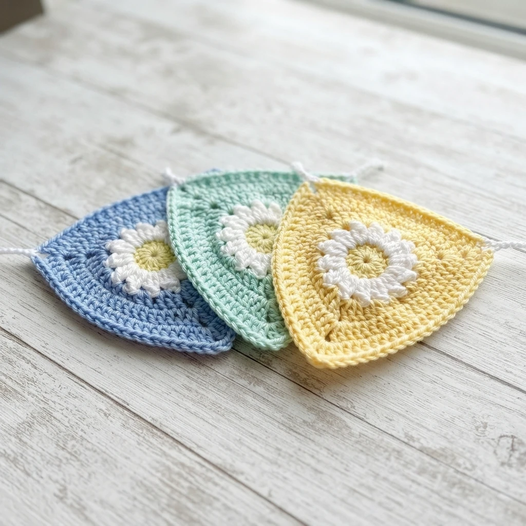 Three pastel crochet triangle bunting flags with white daisy centers overlapping on a white wooden surface