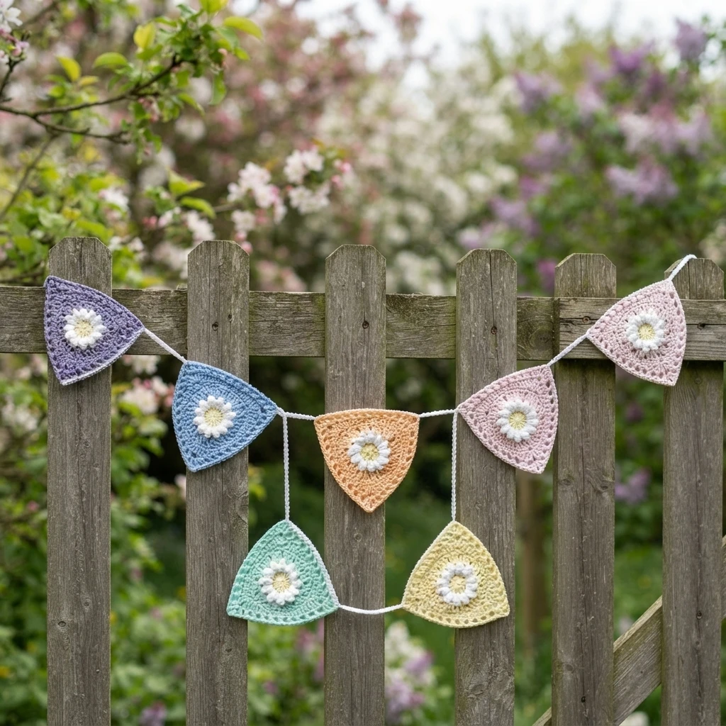 Pastel crochet bunting with daisy centered triangular pennants hanging on a wooden garden fence