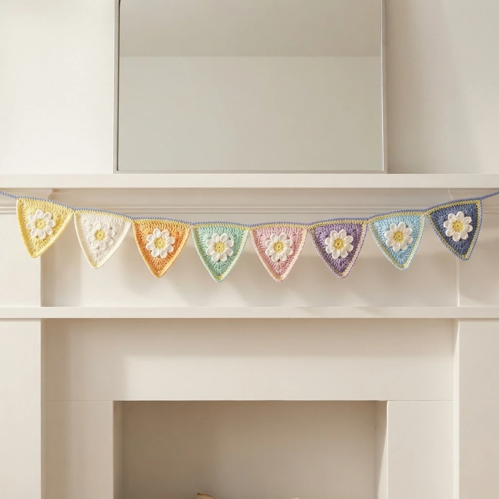 Crocheted pastel triangle bunting with white daisy motifs, hanging on a white fireplace mantel.