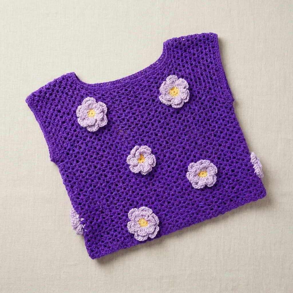 Purple crochet sleeveless top decorated with light purple flowers with yellow centers, laid flat on a light beige surface