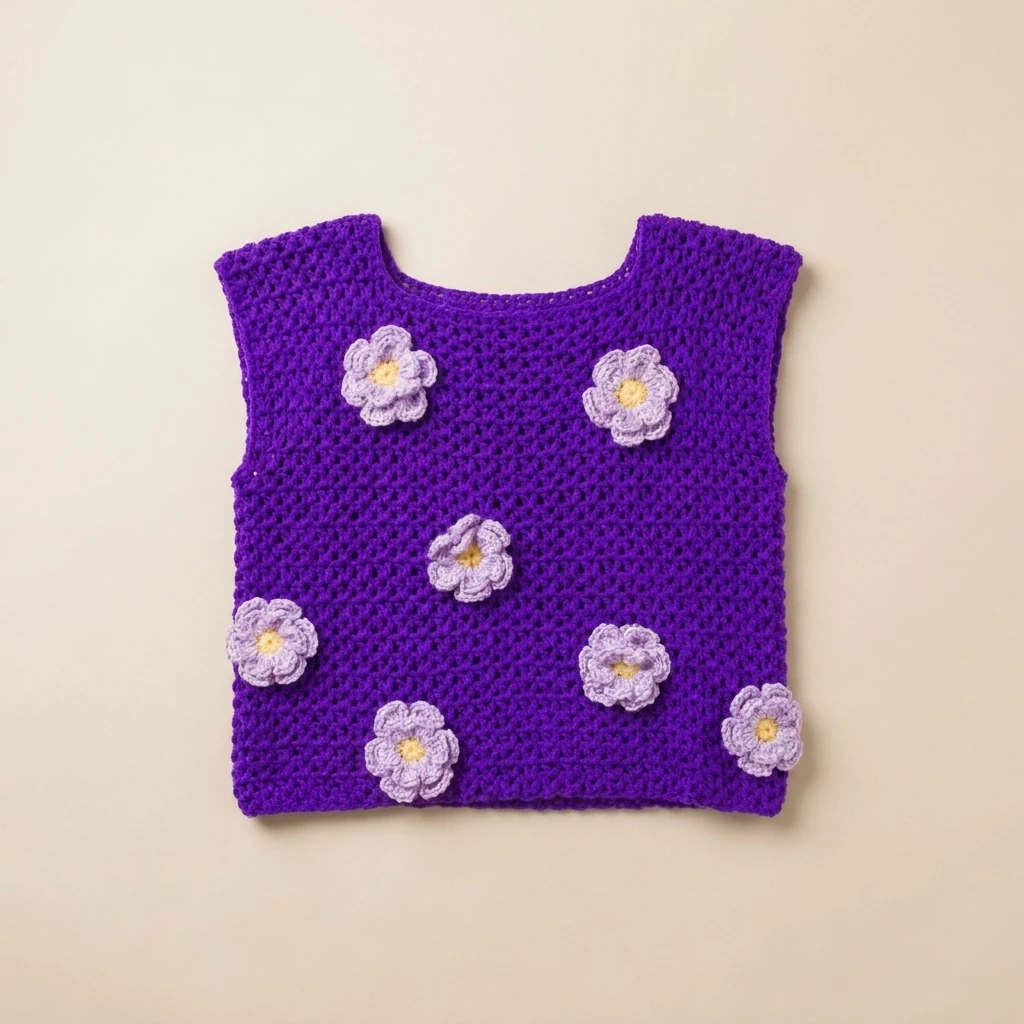 Purple sleeveless crochet top with light purple flowers with yellow centers, laid flat on a light beige background