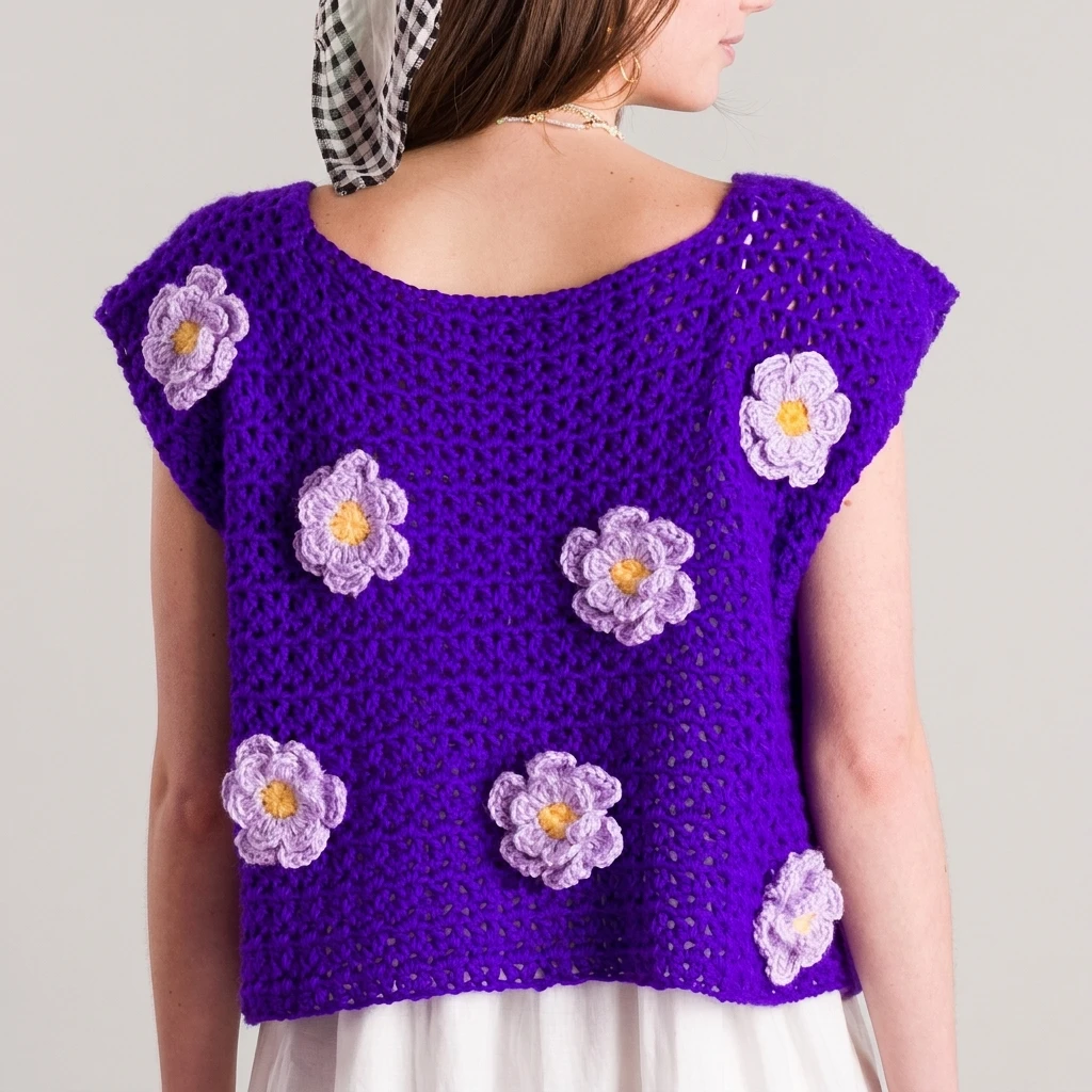 Back view of a person wearing a purple crochet top with light purple flowers with yellow centers
