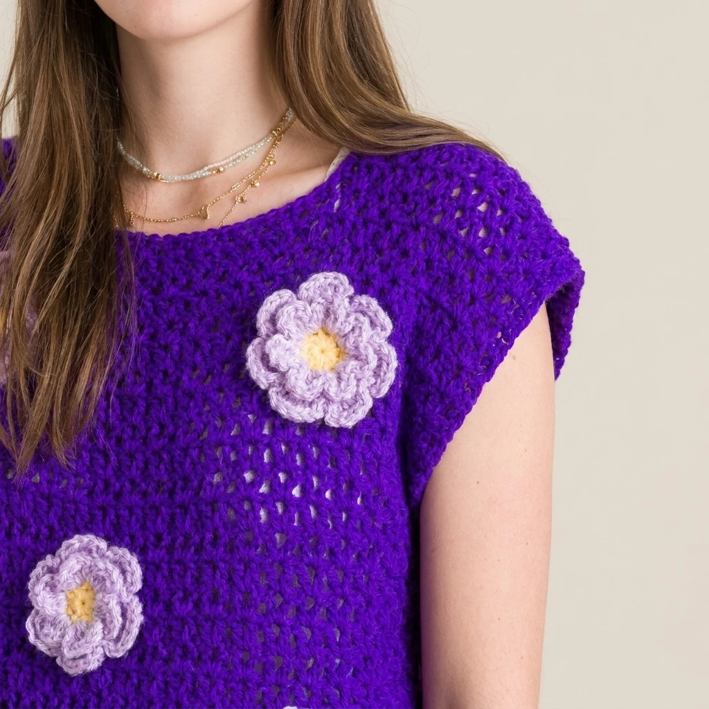 Person wearing a purple crochet top with light purple flowers with yellow centers