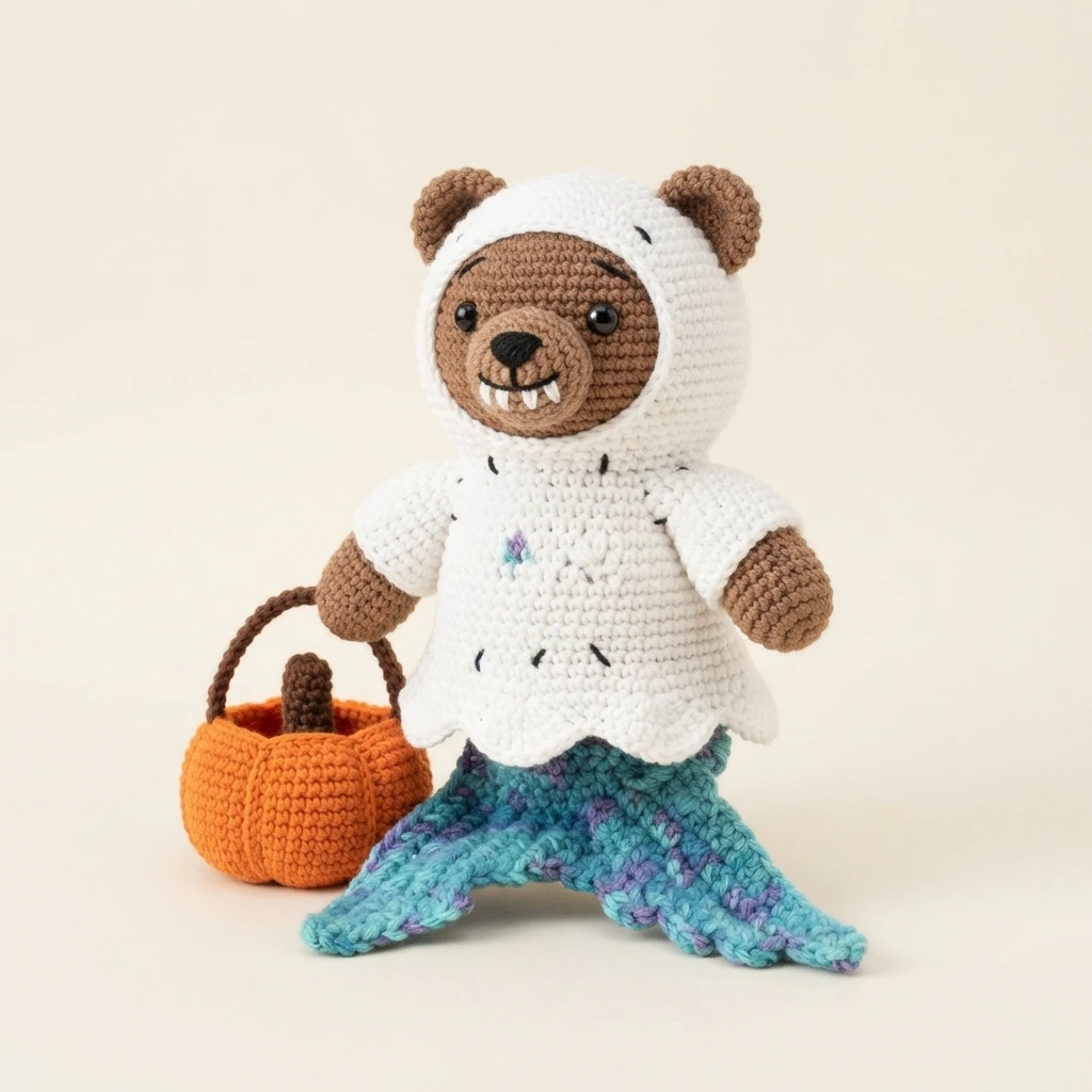 Crocheted bear in a white ghost costume with brown head, ears and arms, black eyes and nose, white fangs, holding an orange pumpkin bucket, standing on a blue and purple crocheted mermaid tail against a plain cream background.