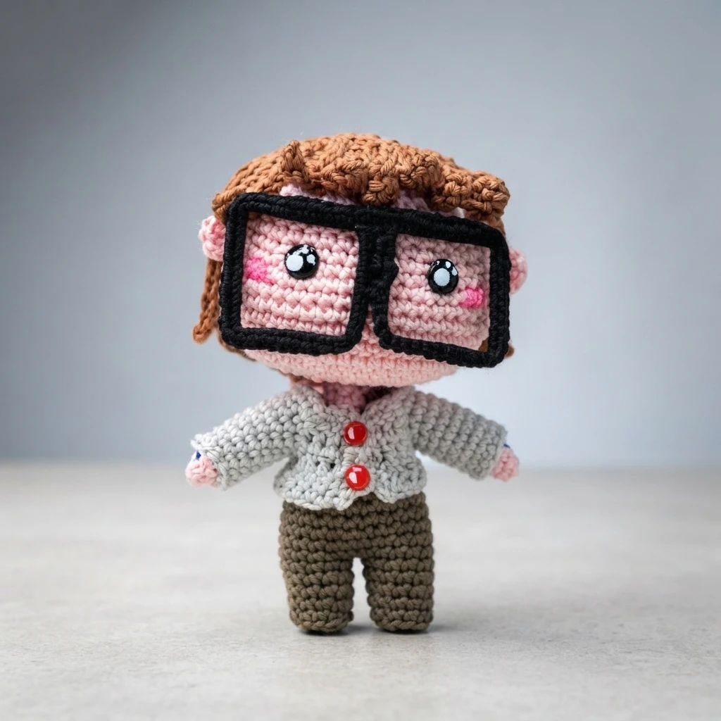 Crocheted amigurumi figure with large black glasses, a light grey cardigan with red buttons and brown trousers, standing against a plain light background.