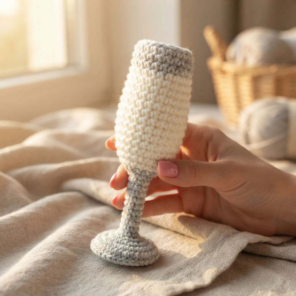 Hand holding a white and grey crocheted champagne flute near a bright window with a yarn basket in the background.