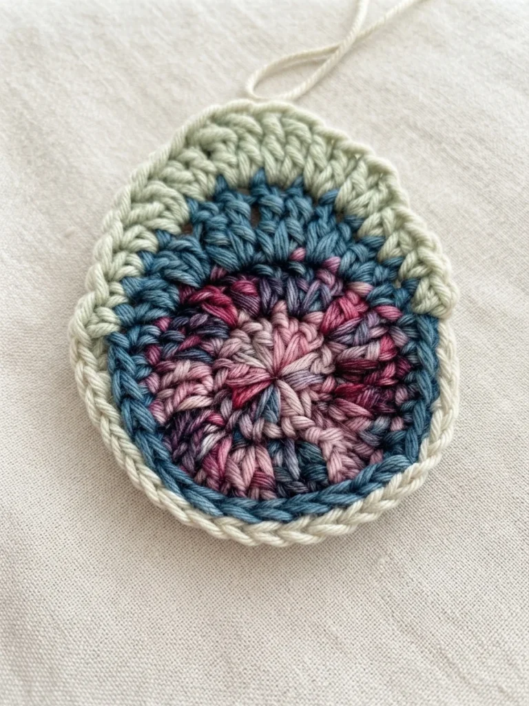 Single crocheted butterfly wing with pink and burgundy centre, blue middle section and mint green top edge on light fabric.