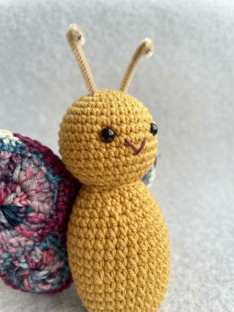 Yellow crochet butterfly body with dark eyes, light antennae, small stitched mouth and part of a multicolor wing
