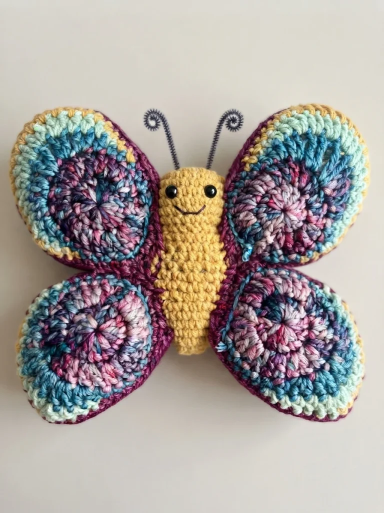 Finished crochet butterfly with multicolor wings, yellow body, black eyes, stitched smile and curled antennae on a plain background.