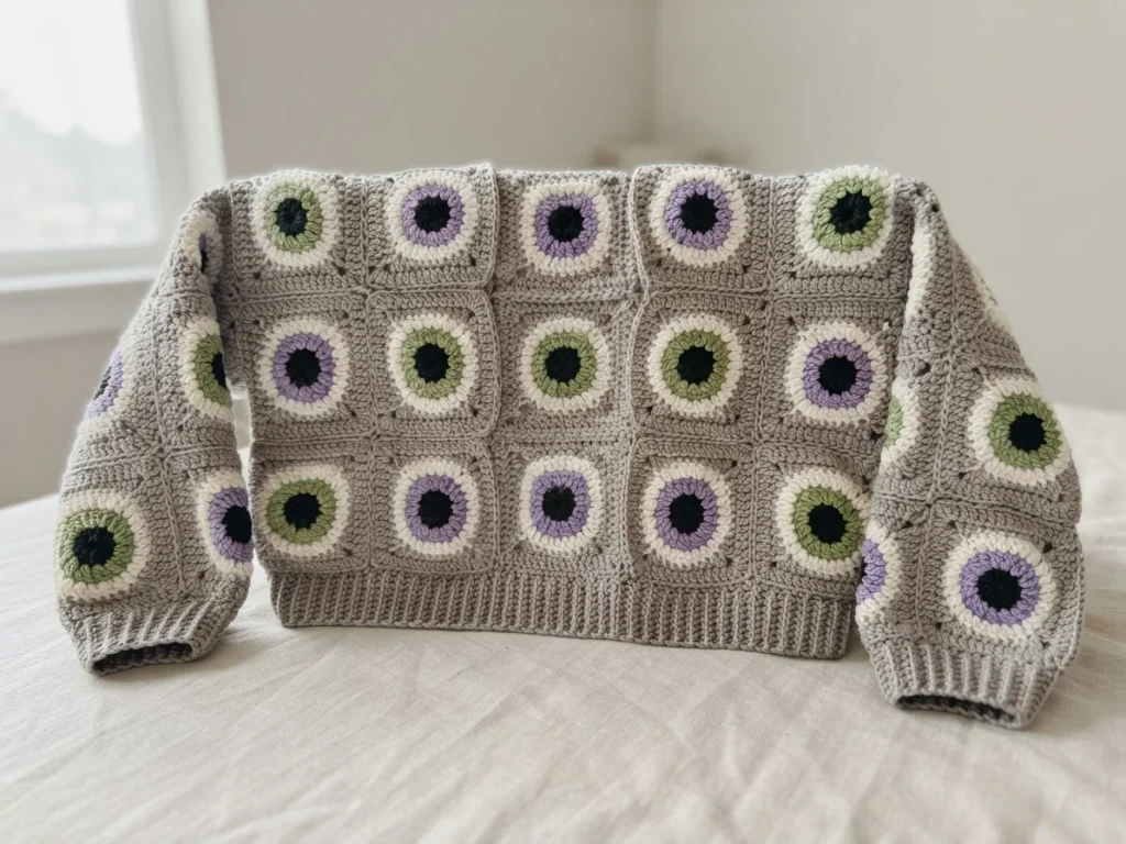 Finished crochet granny square cardigan laid flat on a white bed near a window, made of grey squares with round eye motifs in green, purple, white and black, with ribbed grey trim and cuffs.