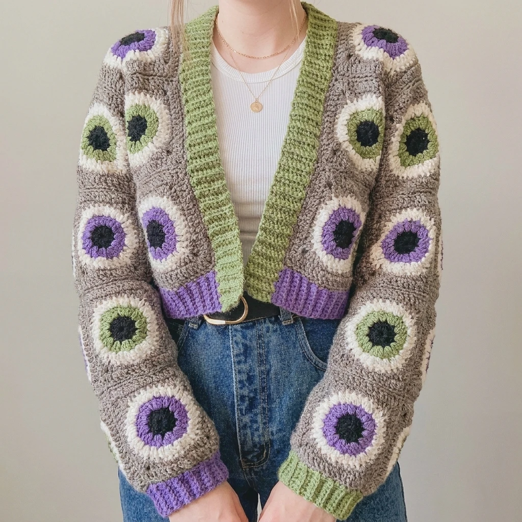 Person wearing a cropped grey crochet granny square cardigan with green and purple eyeball motifs, a green ribbed front border and purple ribbed hem and cuffs, styled with a white top and blue jeans against a plain light wall.