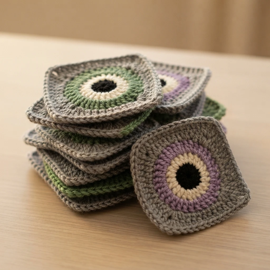 Stack of crocheted granny squares with round green and purple eye motifs, black centers, cream rings and grey borders, resting on a light wooden table.
