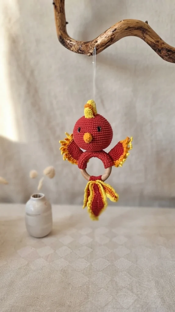 Red crocheted phoenix bird rattle with yellow and orange wings and tail, hanging by a thread from a curved wooden branch above a small white vase.