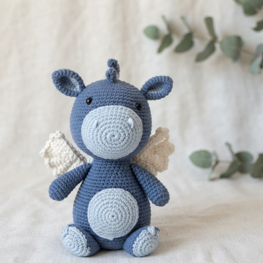 Blue crocheted dragon plush with light blue muzzle and belly and cream wings sitting on light fabric