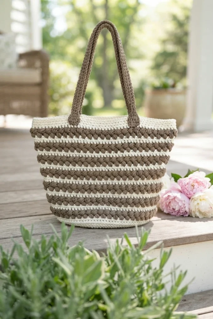 Crochet tote bag with cream and brown braided stripes and brown handles standing on a wooden porch beside pink peonies.