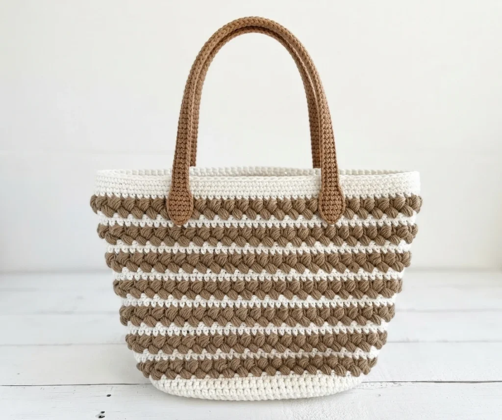 Finished crochet tote bag with white and brown braided puff-stitch stripes and brown crochet handles on a white wooden surface.