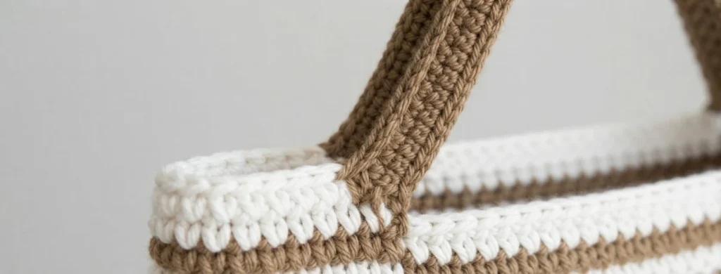 Close-up of a brown crocheted handle sewn onto the rim of a white and brown striped crochet tote bag