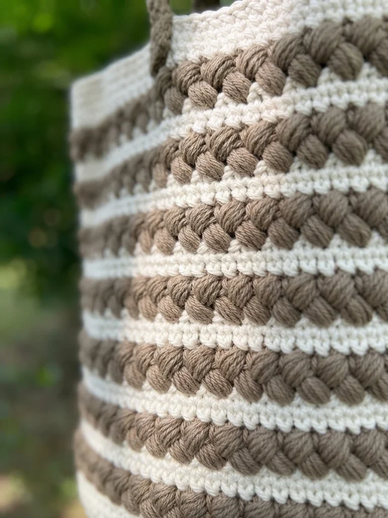 Close-up of the braided puff-stitch texture on the white and taupe striped crochet tote bag.