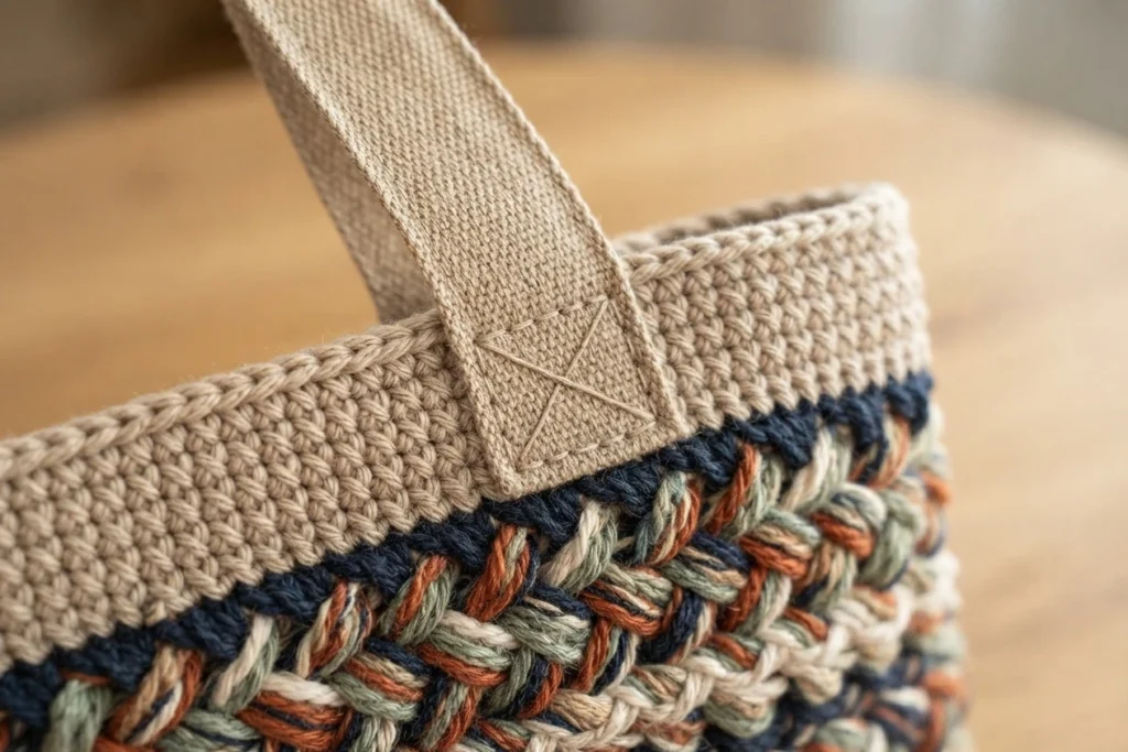 Close-up of a crochet tote bag with a beige single-crochet band, navy trim and multicolor braided rows, a beige canvas strap handle sewn on with a cross-stitched tab.