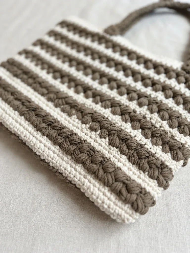 Close-up of a striped white and taupe crochet tote bag with braided puff-stitch texture and tube handles