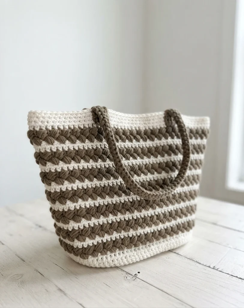 Crocheted summer tote bag with alternating white and taupe braided rows, a white base and taupe tube handles, standing on a white wooden table.