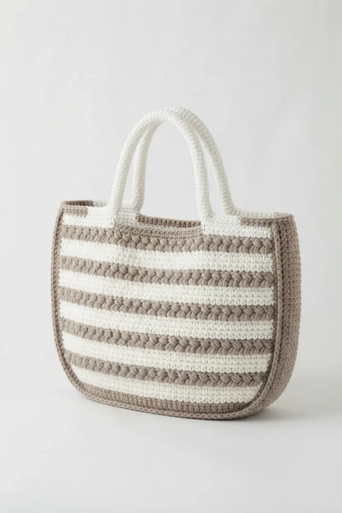 Crocheted tote bag with white and taupe braided stripes and white handles on a plain white background