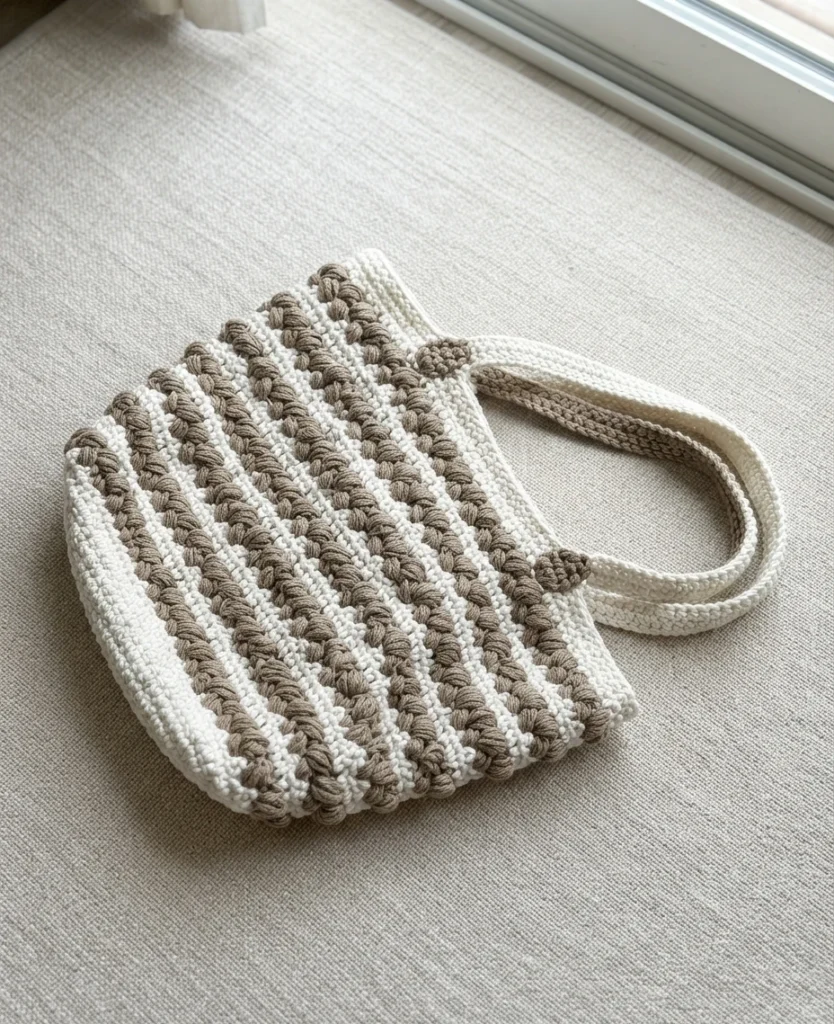 Crocheted tote bag with cream and taupe braided stripes and cream handles lying on beige fabric by a window