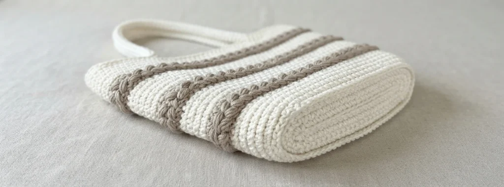 Crochet tote bag in white with taupe braided stripes, resting on its side on a light fabric.