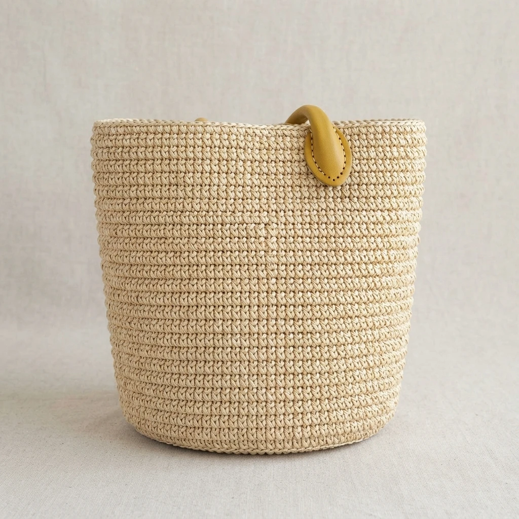 Finished natural raffia crochet straw bag with mustard leather handle tabs.