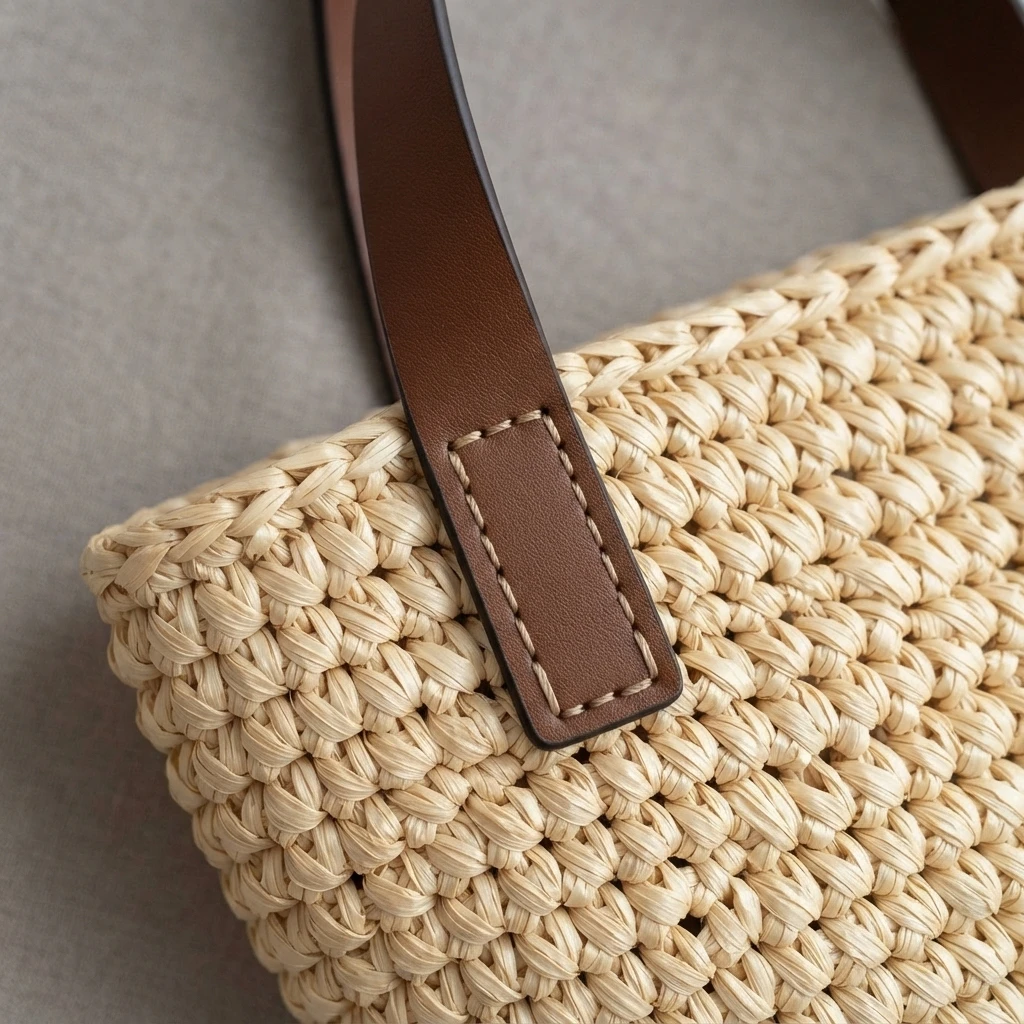 Close-up of a natural raffia crochet bag with a brown leather handle stitched to the body.