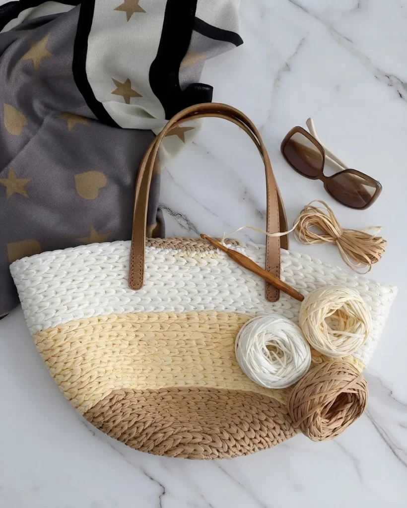 Striped crochet straw bag in white, cream and tan with leather handles, arranged on marble with yarn balls, a crochet hook, sunglasses and a star print scarf