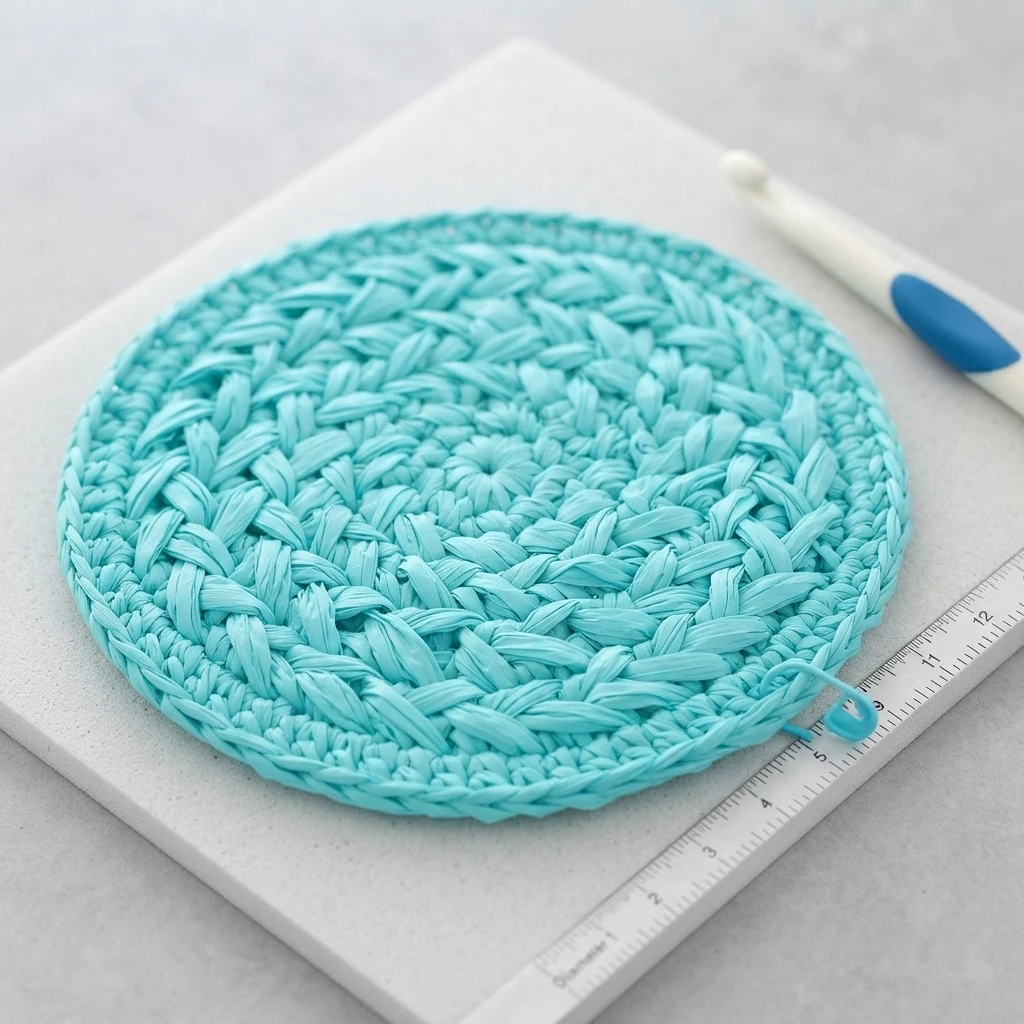 Flat turquoise raffia crochet circle base on a white board with a blue stitch marker, a ruler and a crochet hook nearby