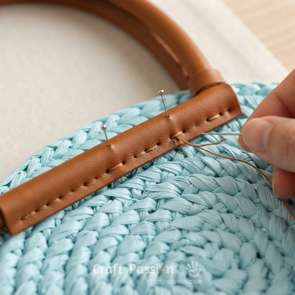 Close-up of a hand sewing a brown leather handle onto a light blue crocheted raffia bag with pins, needle and thread.
