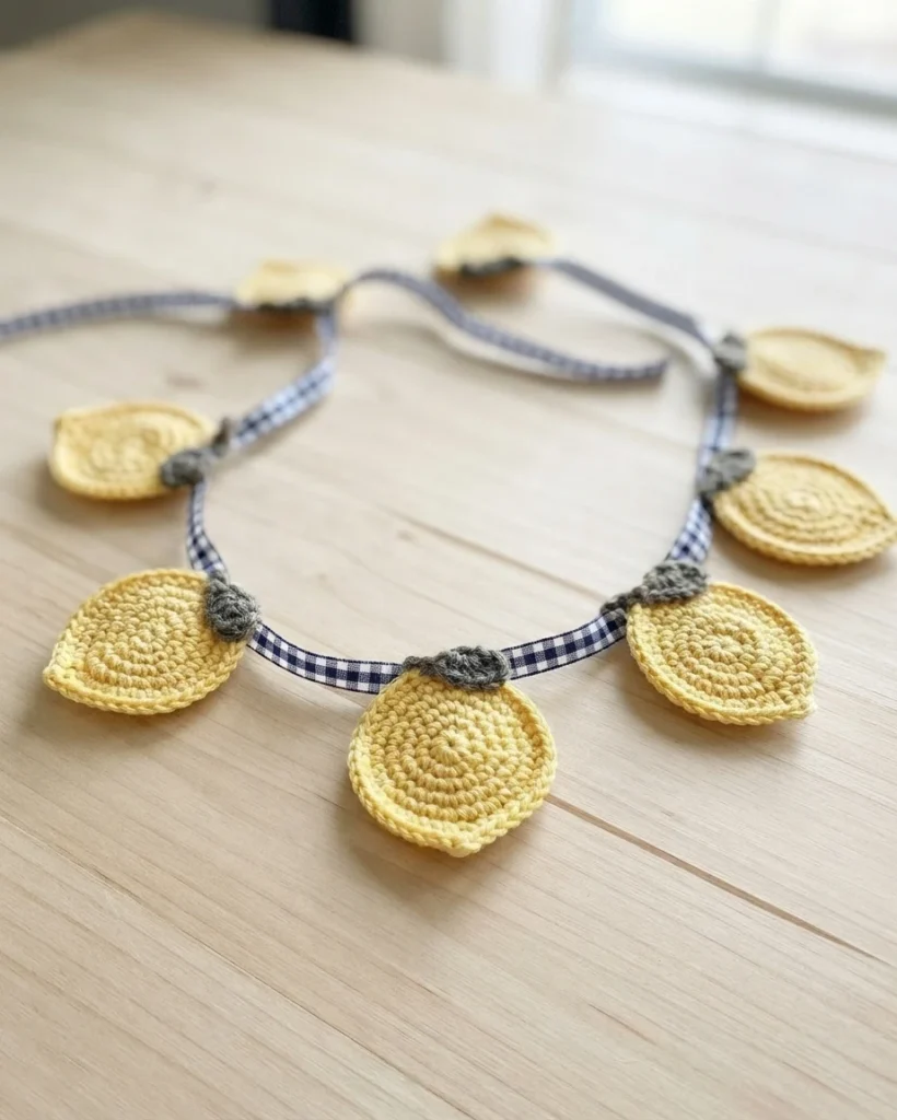 Crocheted yellow lemon motifs with small green tops strung on blue and white checked ribbon on a light wooden table.