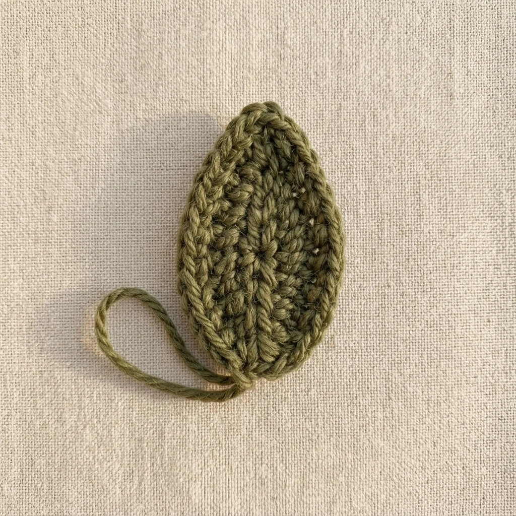 Small olive green crocheted leaf with a loose yarn tail lying flat on light fabric
