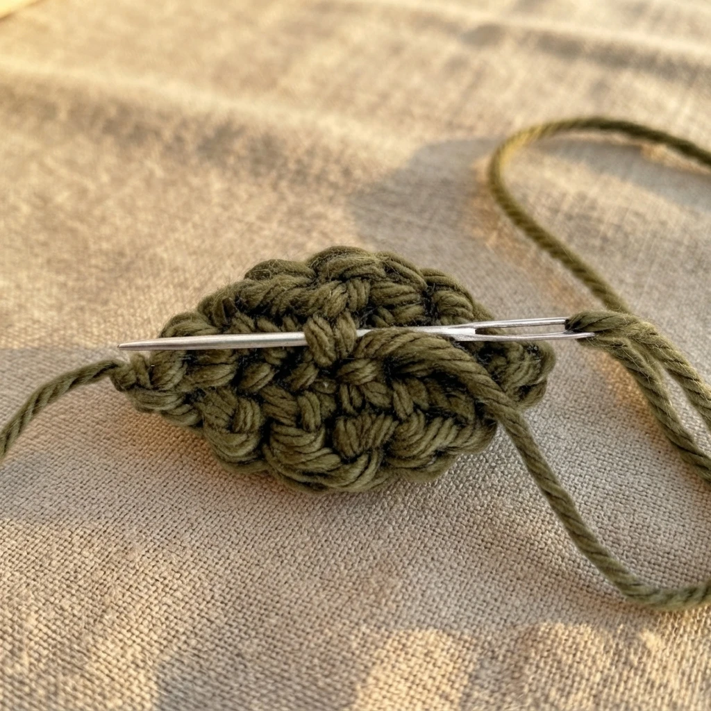 Close-up of a small olive-green crocheted leaf with a tapestry needle threaded through the center and loose yarn tails on fabric